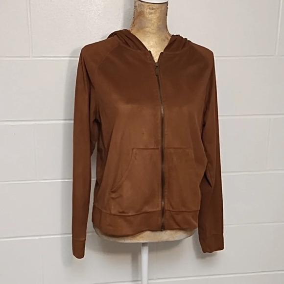Rusty Brown Soft Comfy Faux Suede Hoodie Zip Front Jacket Med 8/10 - Picture 1 of 11